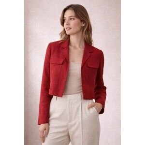 Women Red Cropped Linen Blend Jacket Minimal Hidden Button 10P